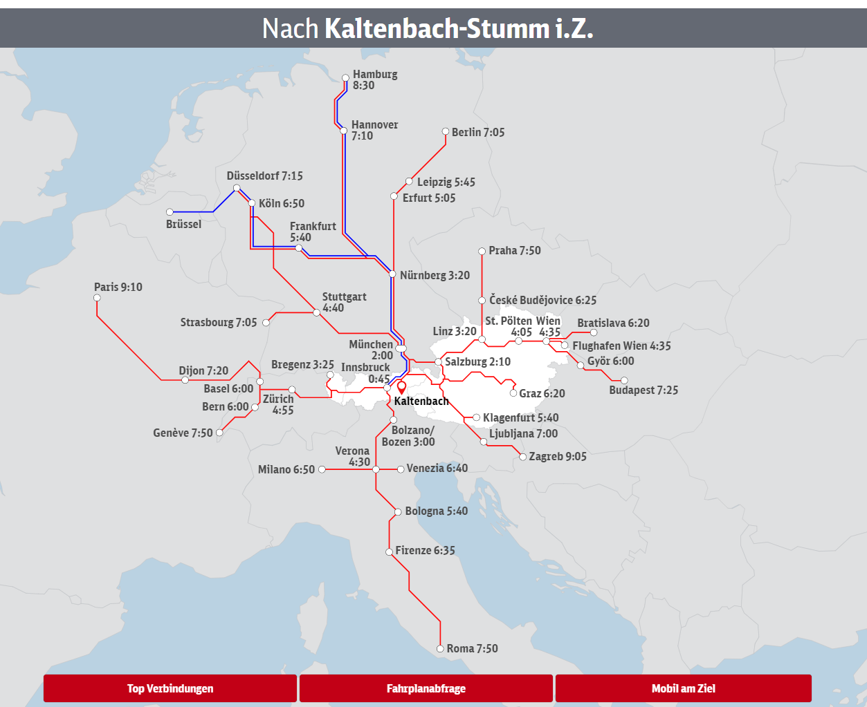 Zugverbindungen nach Kaltenbach-Stumm